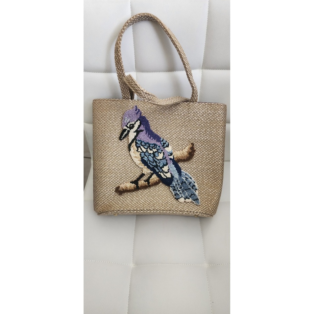 Vintage JR Florida USA Woven Straw Blue Jay Bird Needlepoint Tote Handbag Tan